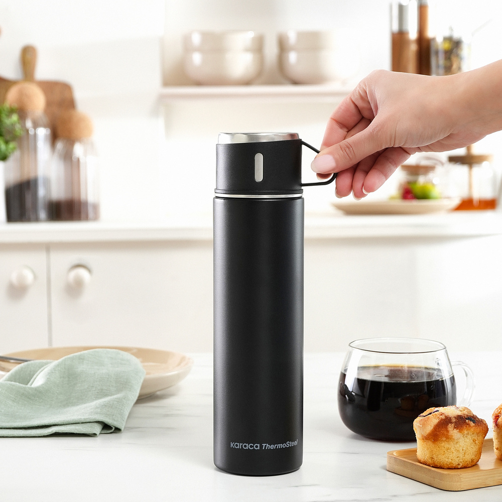 Karaca Thermosteel Nature Bardaklı Çelik Sızdırmaz Termos Siyah 550 ml görseli 5