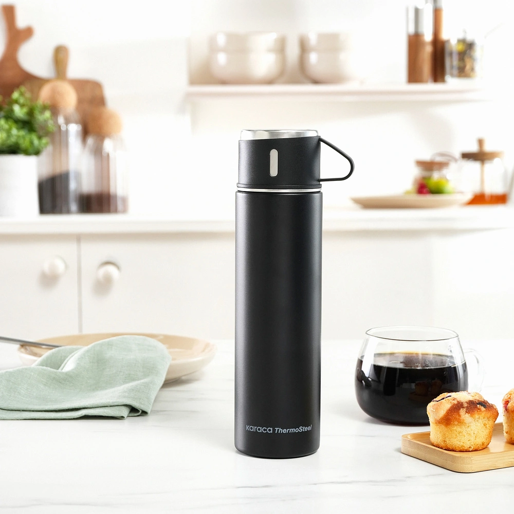 Karaca Thermosteel Nature Bardaklı Çelik Sızdırmaz Termos Siyah 550 ml görseli 1