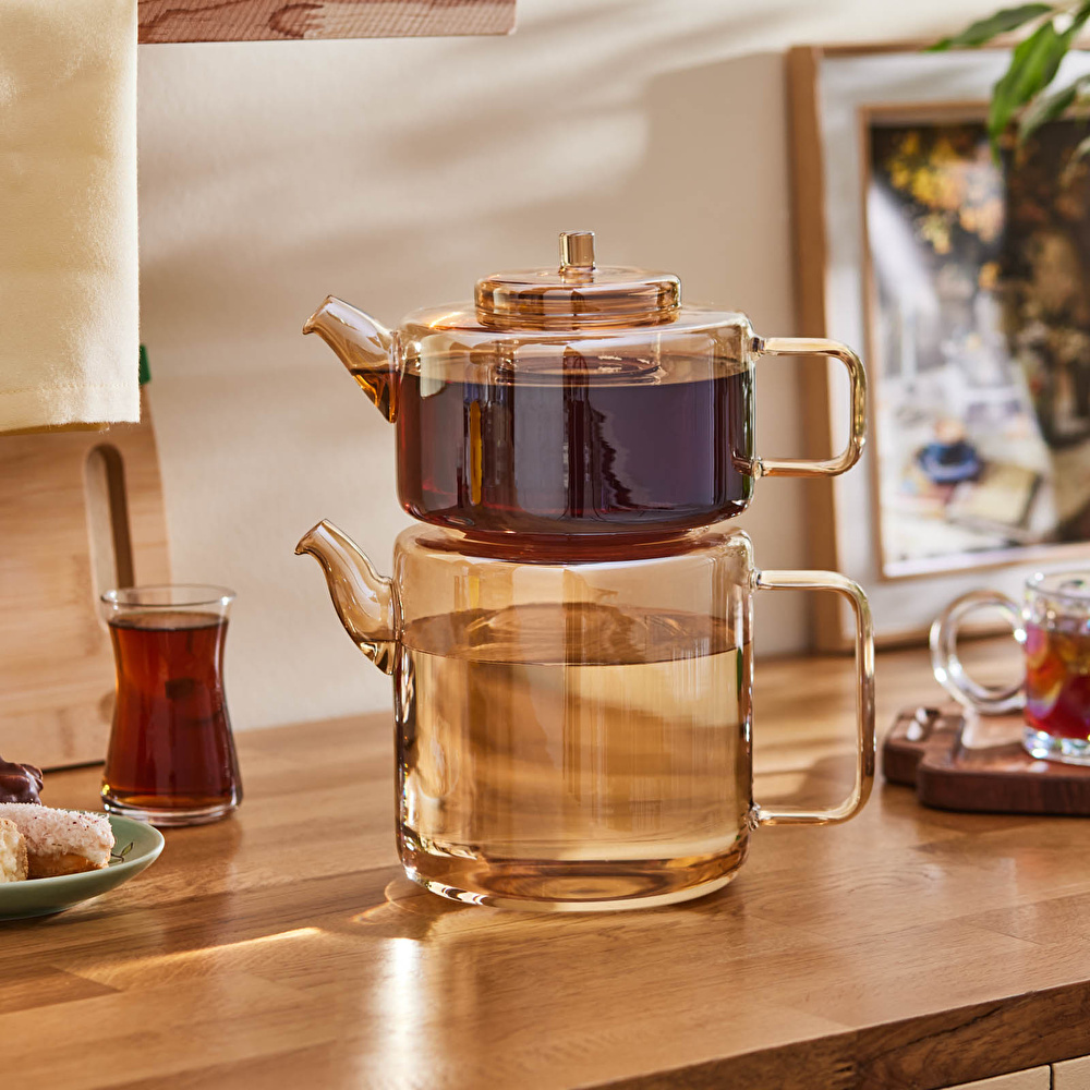 Karaca Flat Borosilikat Cam Midi Çaydanlık Takımı Amber 1,1L & 1,8L görseli 3