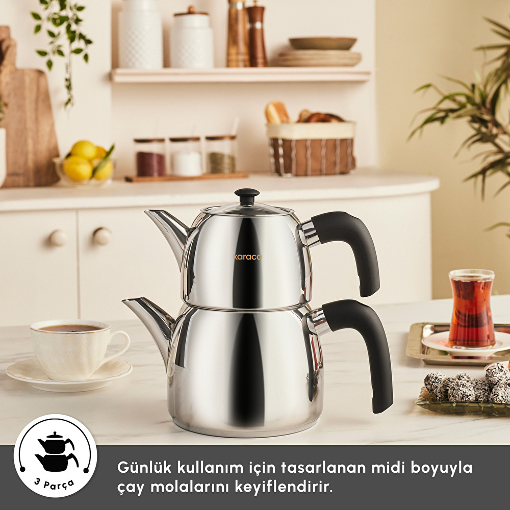 Karaca New Galya Buhar Kapaklı İndüksiyon Tabanlı Midi Çaydanlık Takımı 1,1L & 2,1L görseli 4