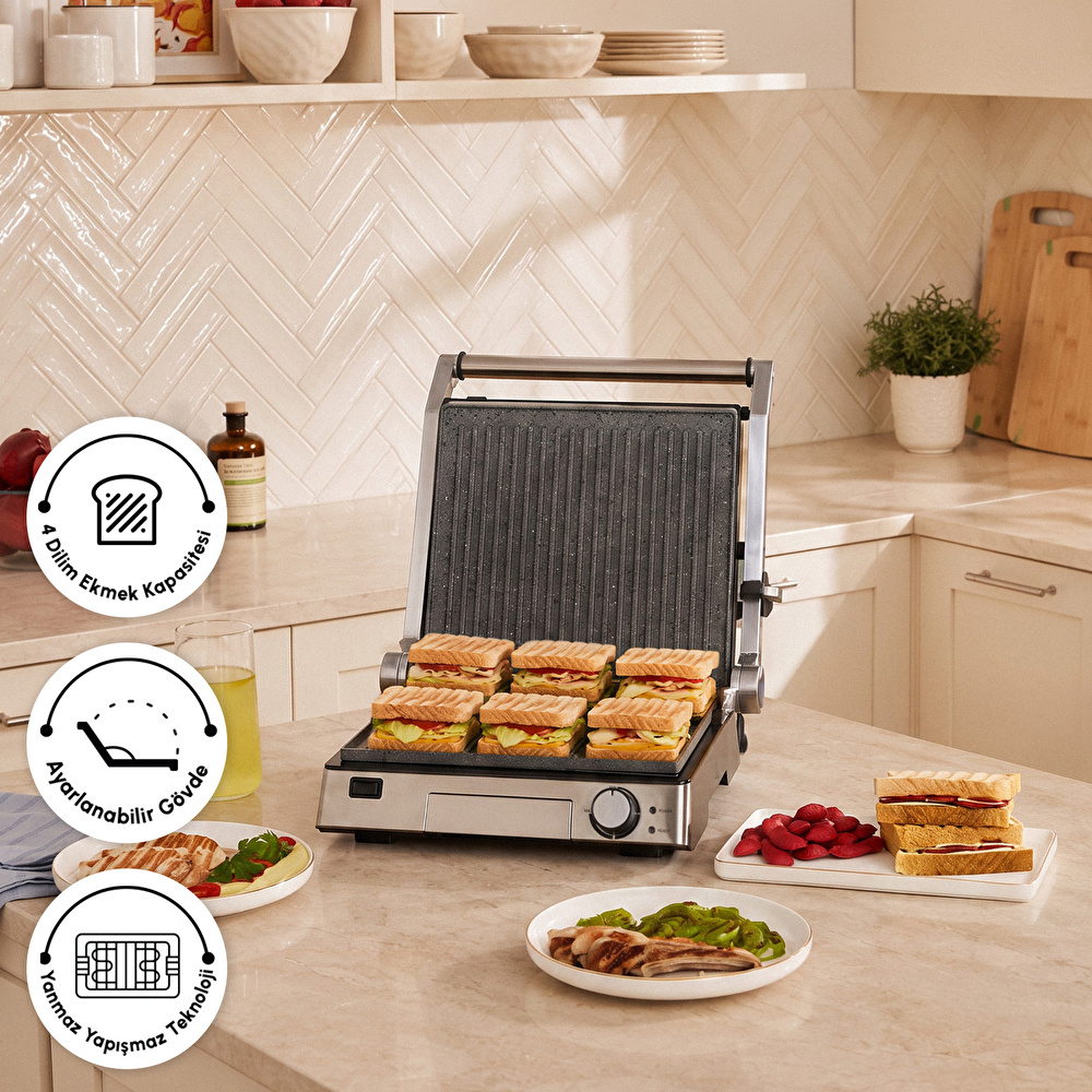 Karaca Biogranit 6 Dilim Kapasiteli Paslanmaz Çelik Izgara ve Tost Makinesi Inox 2000W görseli 1