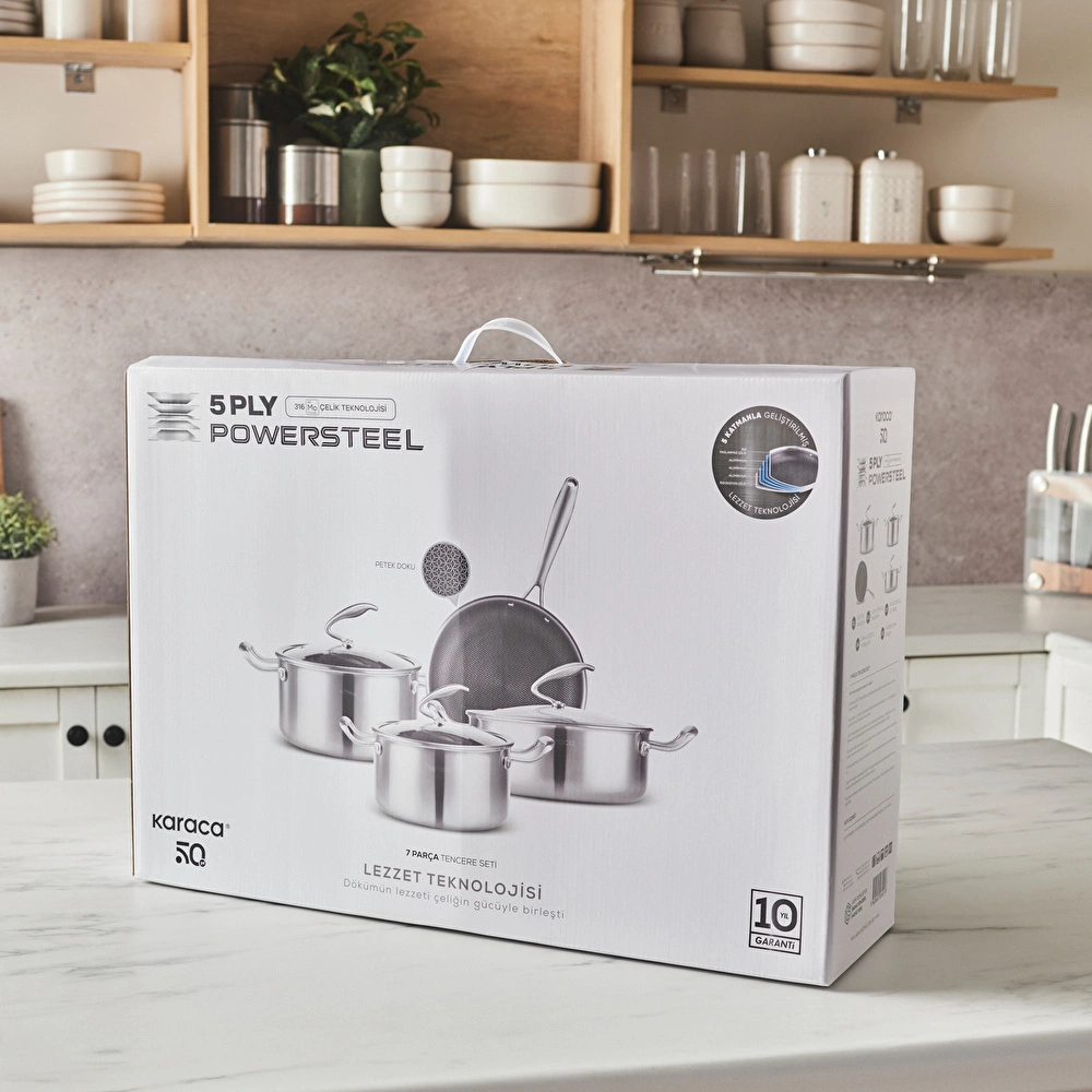 Karaca Powersteel 5Ply 316+ İndüksiyon Tabanlı 7 Parça Çelik Tencere ve Tava Seti görseli 4
