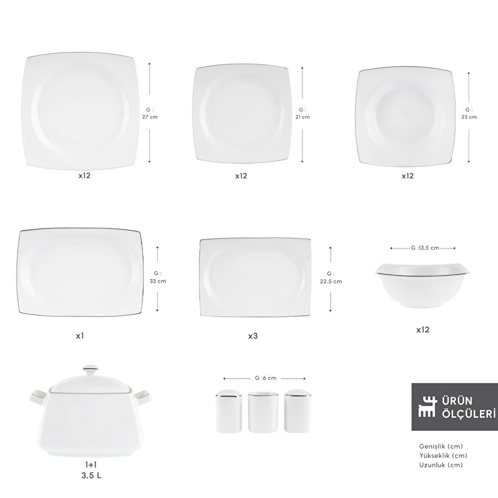 Karaca Square Bone Talia 60 Parça 12 Kişilik Yemek Takımı Platin thumbnail 2