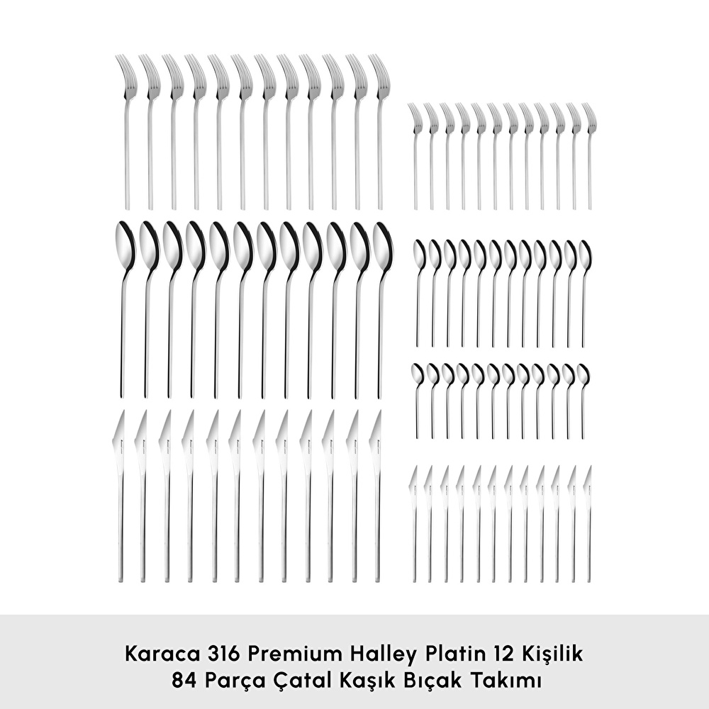 Karaca 316 Premium Halley Platin 12 Kişilik 84 Parça Çatal Kaşık Bıçak Takımı görseli 6