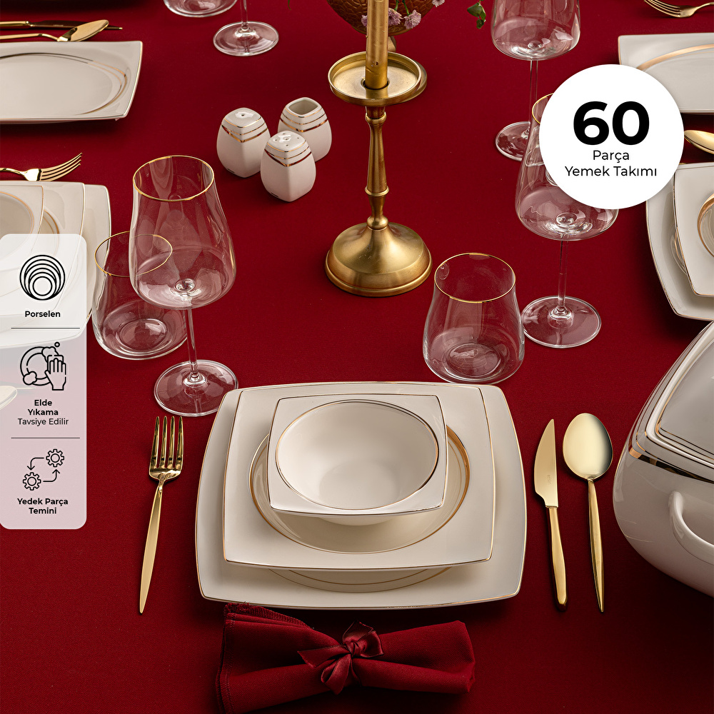 Emsan Fine Bone Hale 60 Parça 12 Kişilik Kare Yemek Takımı Gold görseli 2