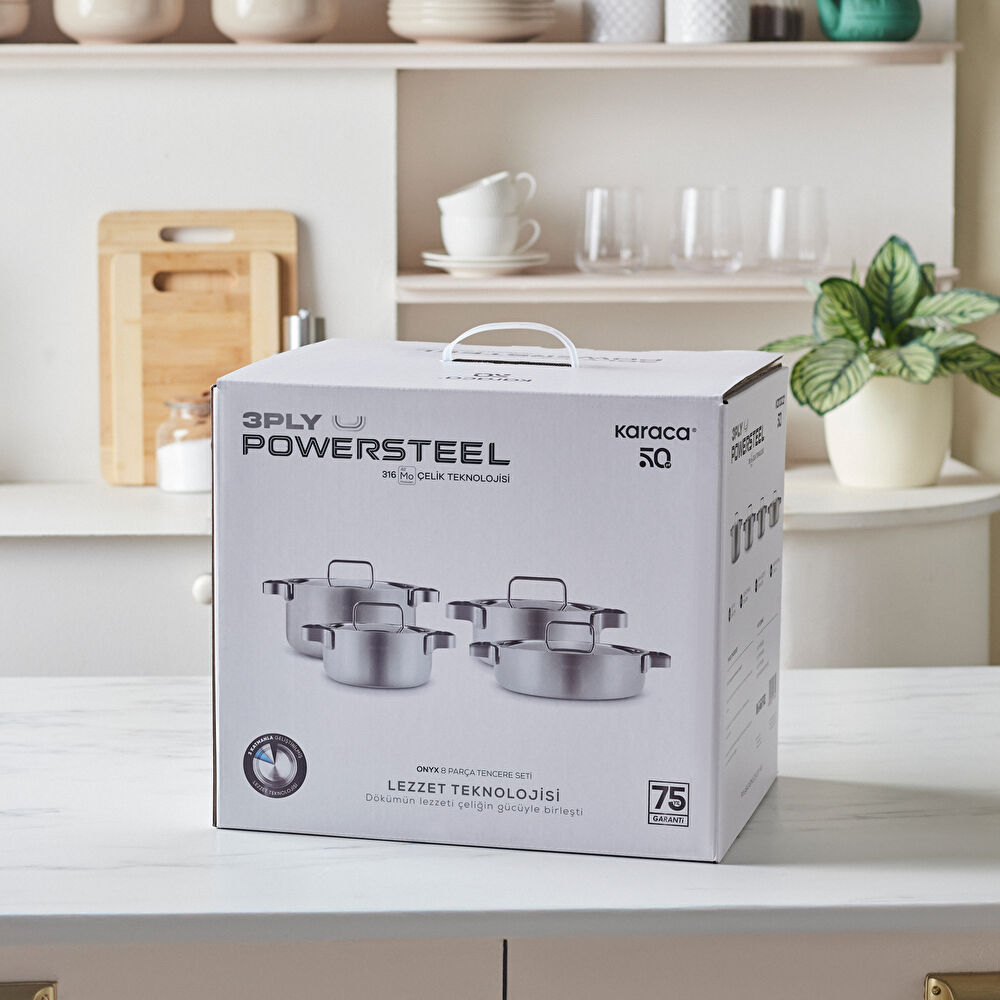 Karaca Powersteel 316+ 3Ply Onyx İndüksiyon Tabanlı Çelik 8 Parça Tencere Seti thumbnail 3