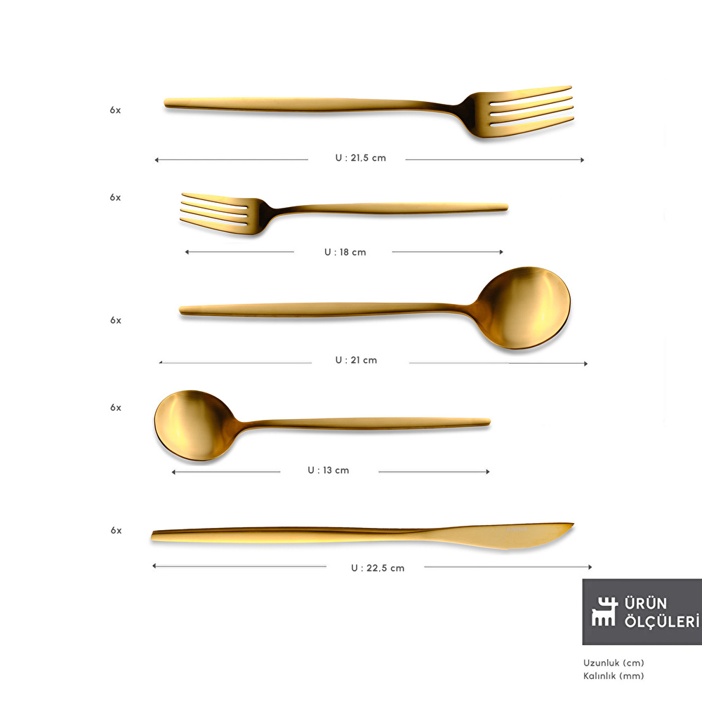Karaca Orion 30 Parça 6 Kişilik Çatal Kaşık Bıçak Takımı Matte Gold görseli 3