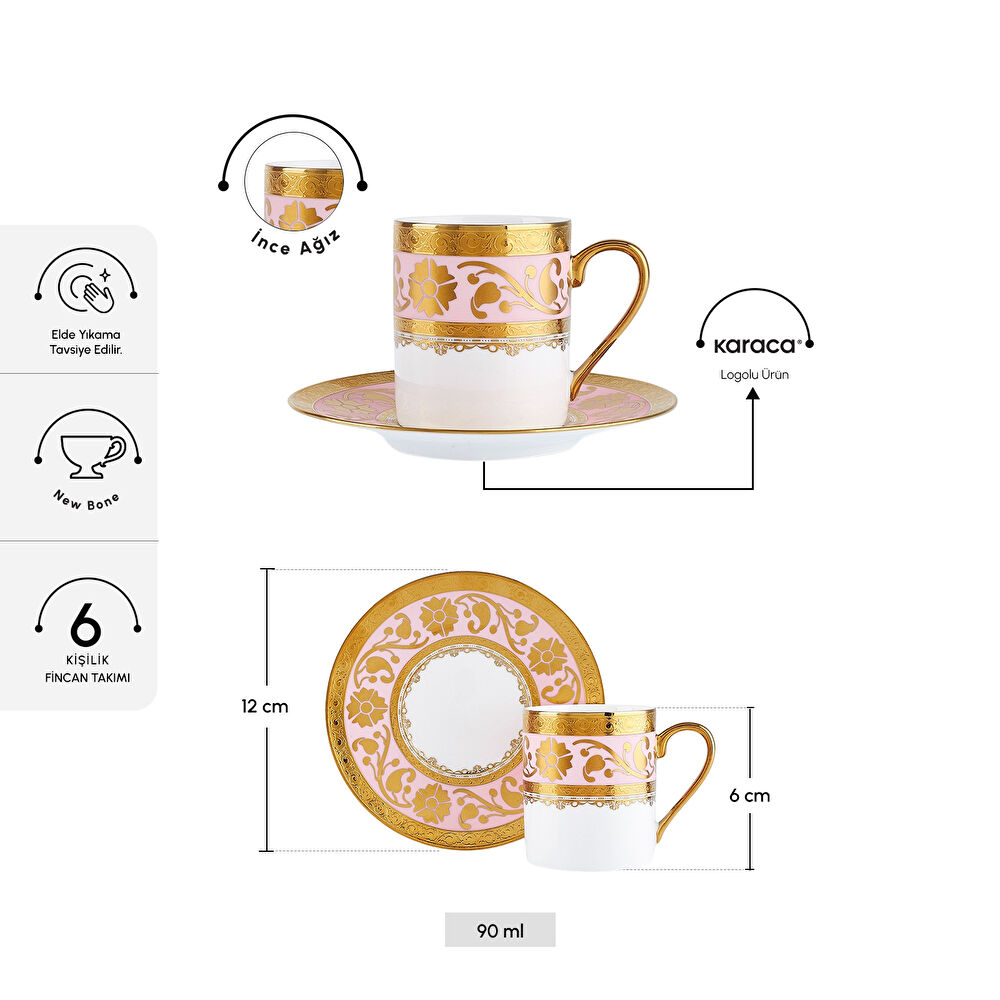Karaca Gülfem 6 Kişilik Kahve Fincan Takımı Pembe 90 ml thumbnail 2