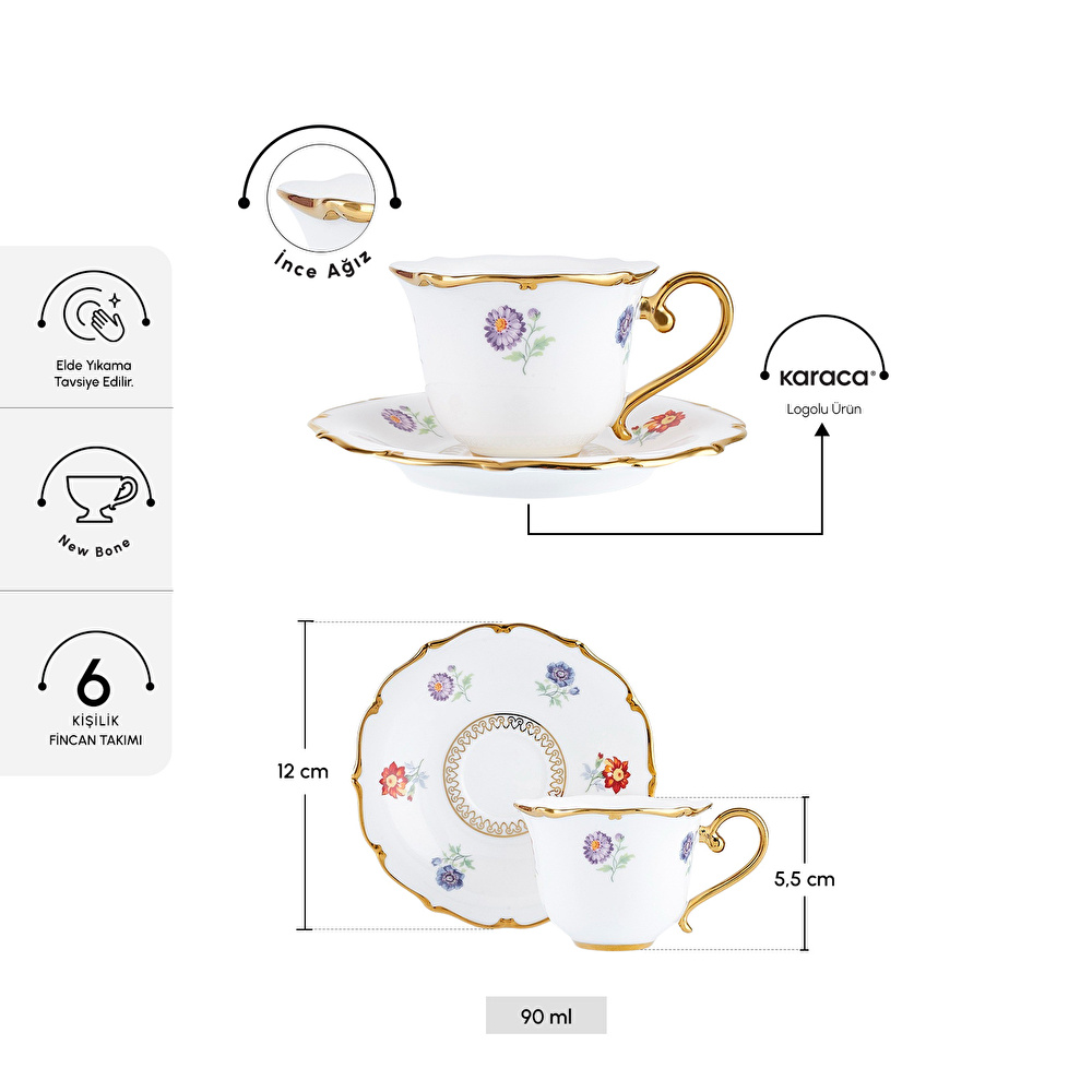 Karaca Royal Bone Diana 6 Kişilik Kahve Fincan Takımı 90 Ml thumbnail 2
