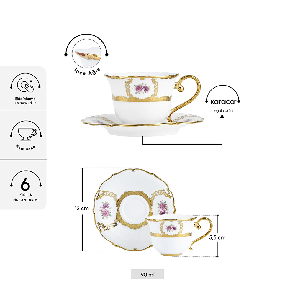 Karaca Royal Bone Elizabeth 6 Kişilik Kahve Fincan Takımı 90 Ml thumbnail 2