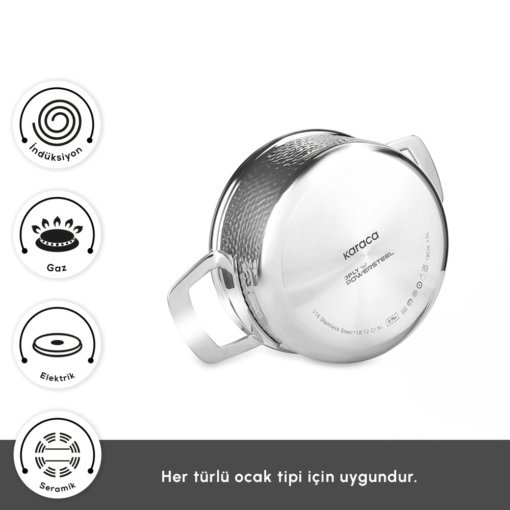 Karaca Power Steel 316+ 3Ply Voyager İndüksiyon Tabanlı 8 Parça Çelik Tencere Seti görseli 6