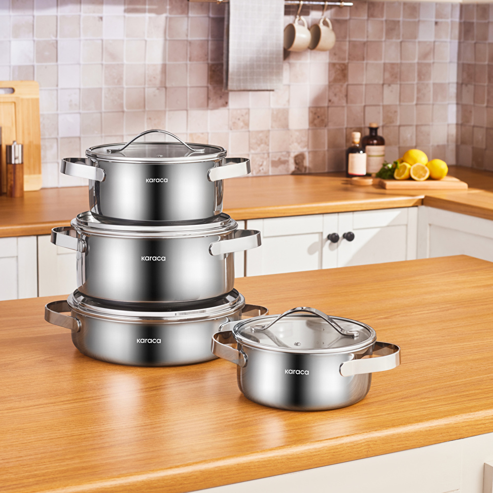 Karaca Power Steel 316+ 3Ply Discovery İndüksiyon Tabanlı 8 Parça Çelik Tencere Seti görseli 1