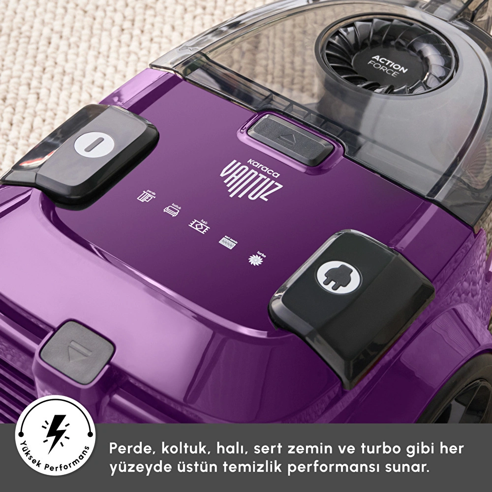 Karaca Vantuz Action Force X10 2 Lt Toz Torbasız Hazneli Elektrikli Süpürge Royal Purple 899 W görseli 19