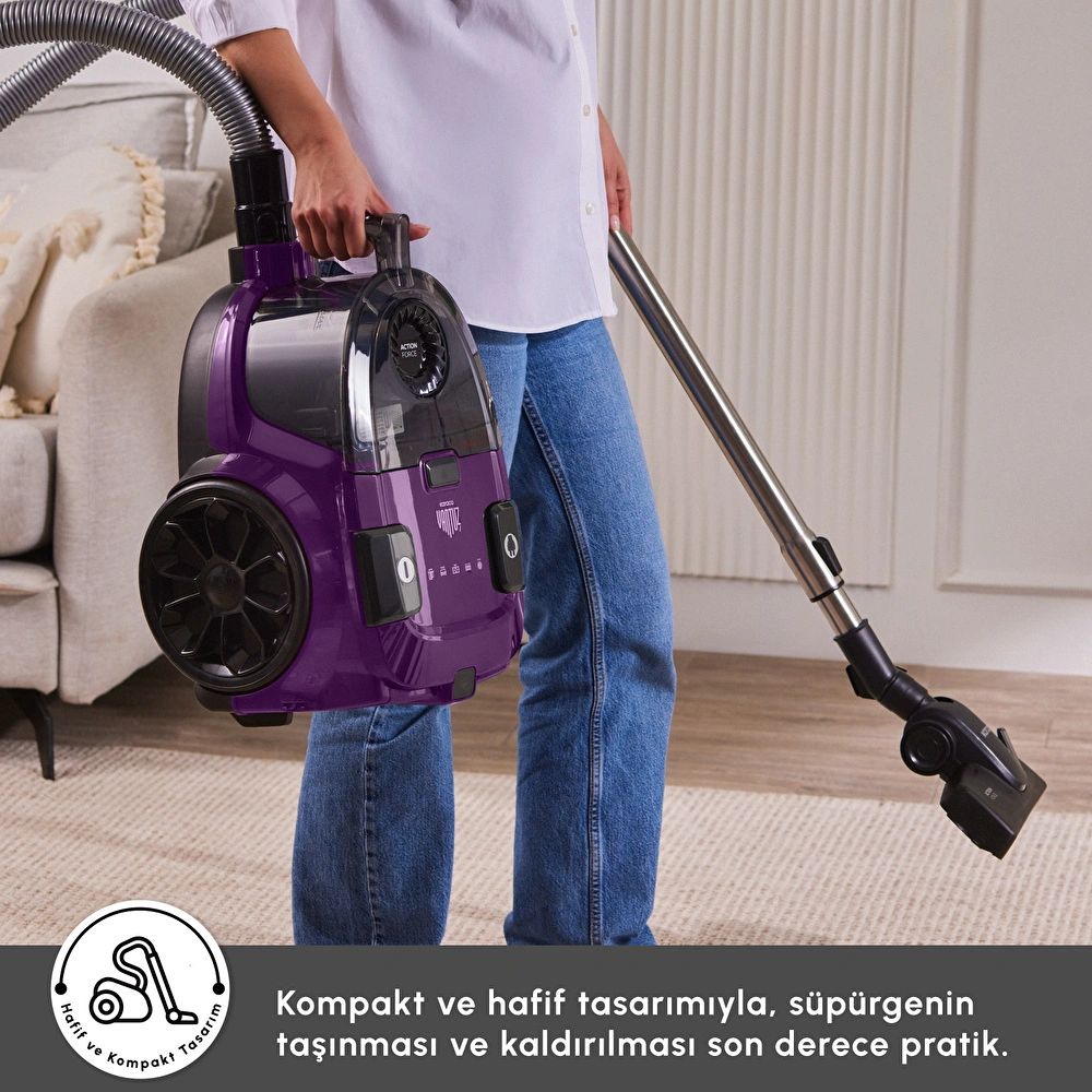 Karaca Vantuz Action Force X10 2 Lt Toz Torbasız Hazneli Elektrikli Süpürge Royal Purple 899 W görseli 13