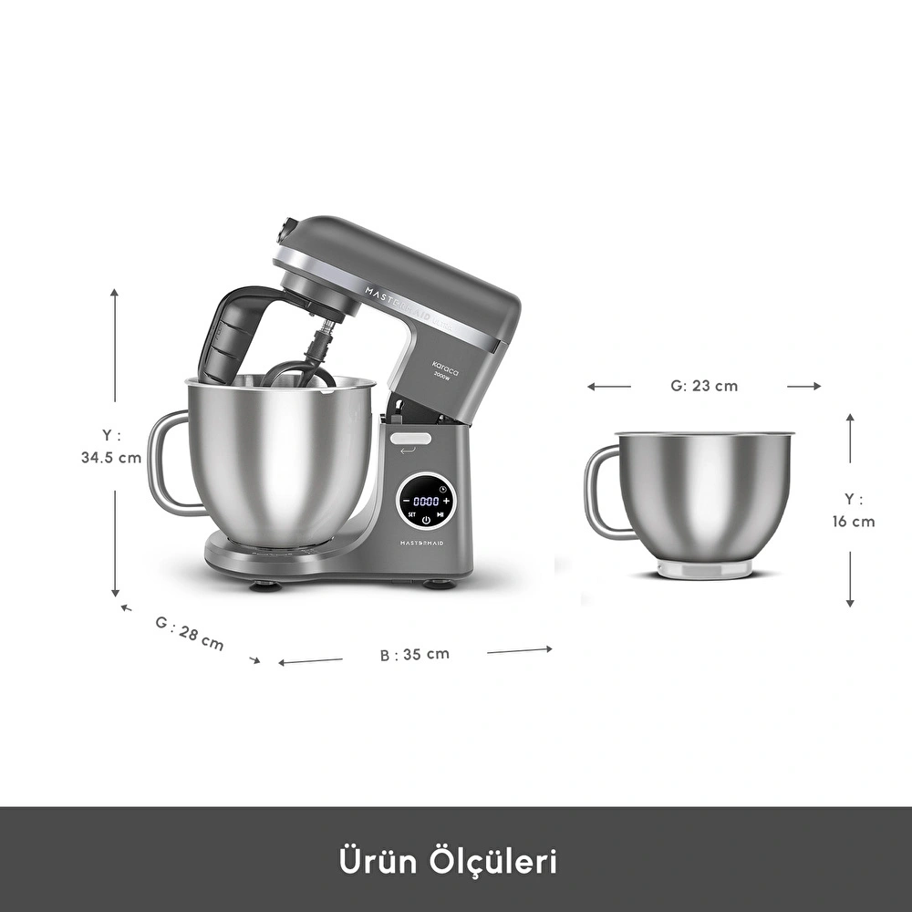 Karaca Mastermaid Chef Ultra D2000W Dijital Ekranlı Hamur Yoğurma Makinesi Galaxy Grey 7L görseli 2