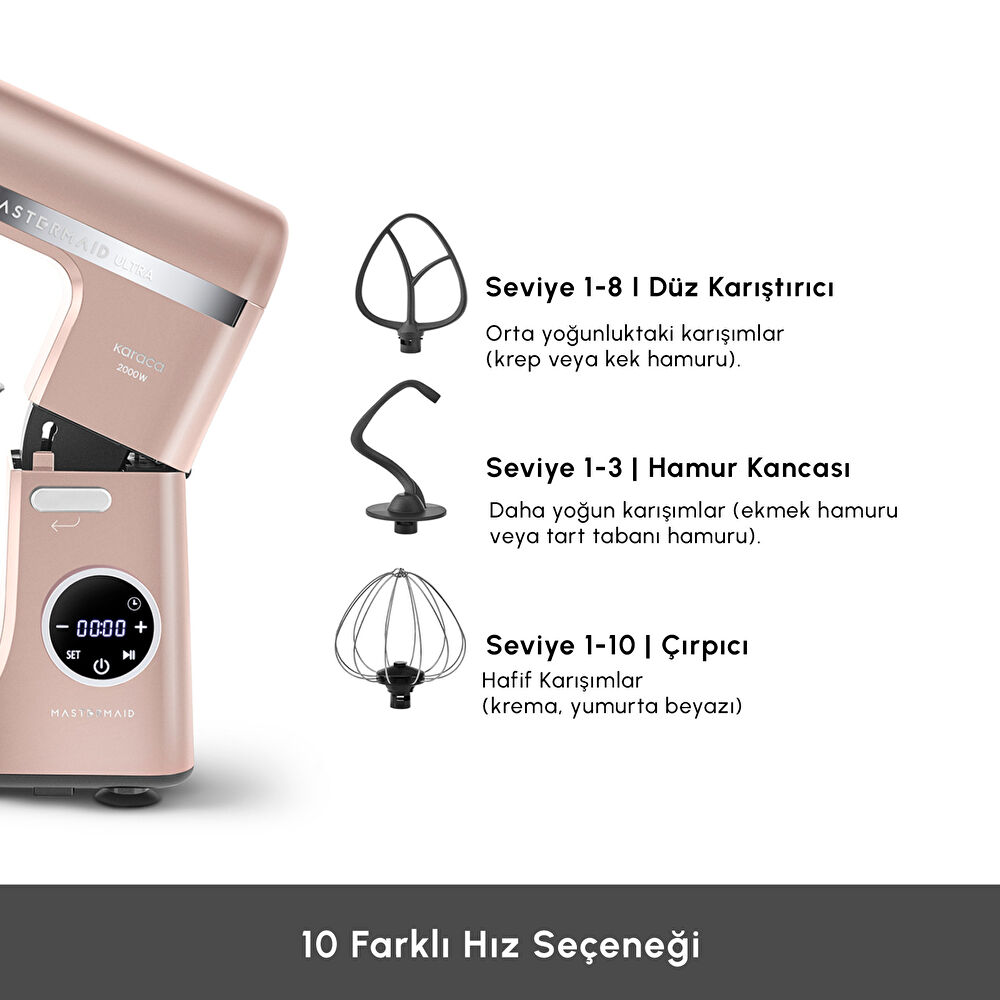 Karaca Mastermaid Chef Ultra D2000W Dijital Ekranlı Hamur Yoğurma Makinesi Pearly Pink 7L thumbnail 5