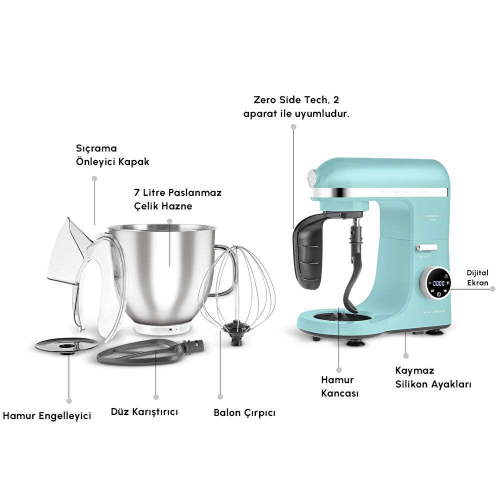 Karaca Mastermaid Chef Ultra D2000W Dijital Ekranlı Hamur Yoğurma Makinesi Tiffany 7L thumbnail 3