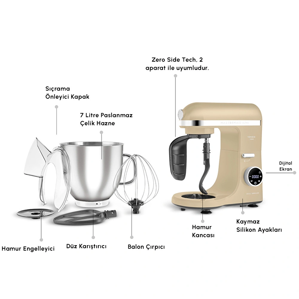 Karaca Mastermaid Chef Ultra D2000W Dijital Ekranlı Hamur Yoğurma Makinesi Mineral Gold 7L görseli 3
