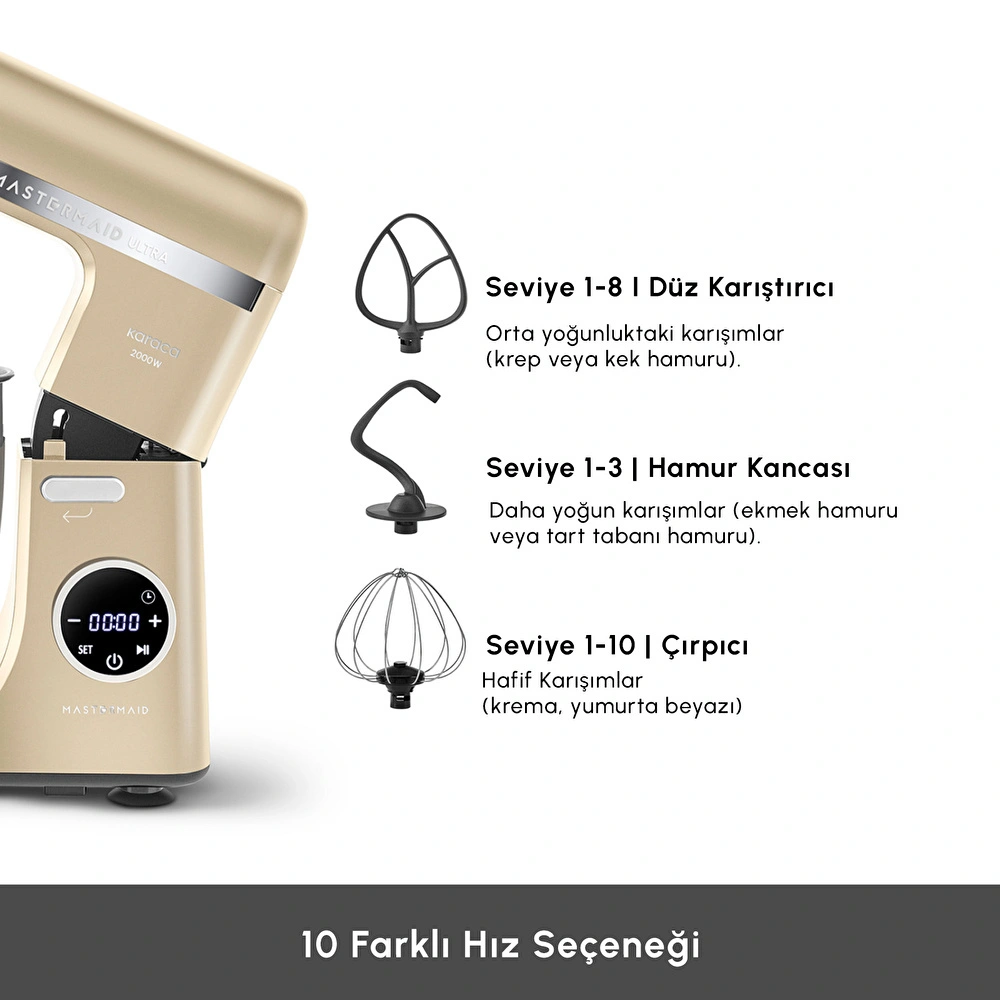 Karaca Mastermaid Chef Ultra D2000W Dijital Ekranlı Hamur Yoğurma Makinesi Mineral Gold 7L görseli 5
