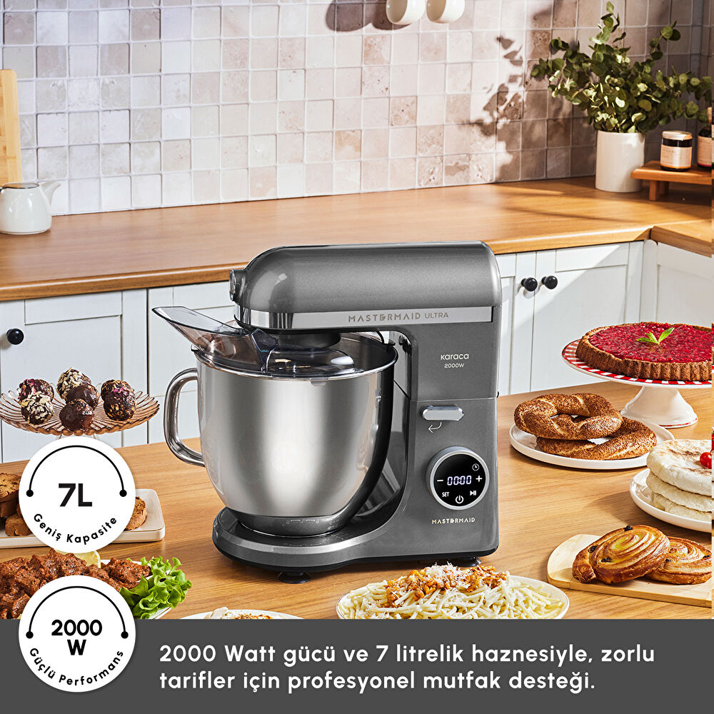 Karaca Mastermaid Chef Ultra D2000W Dijital Ekranlı Hamur Yoğurma Makinesi Shadow Gray 7L thumbnail 5