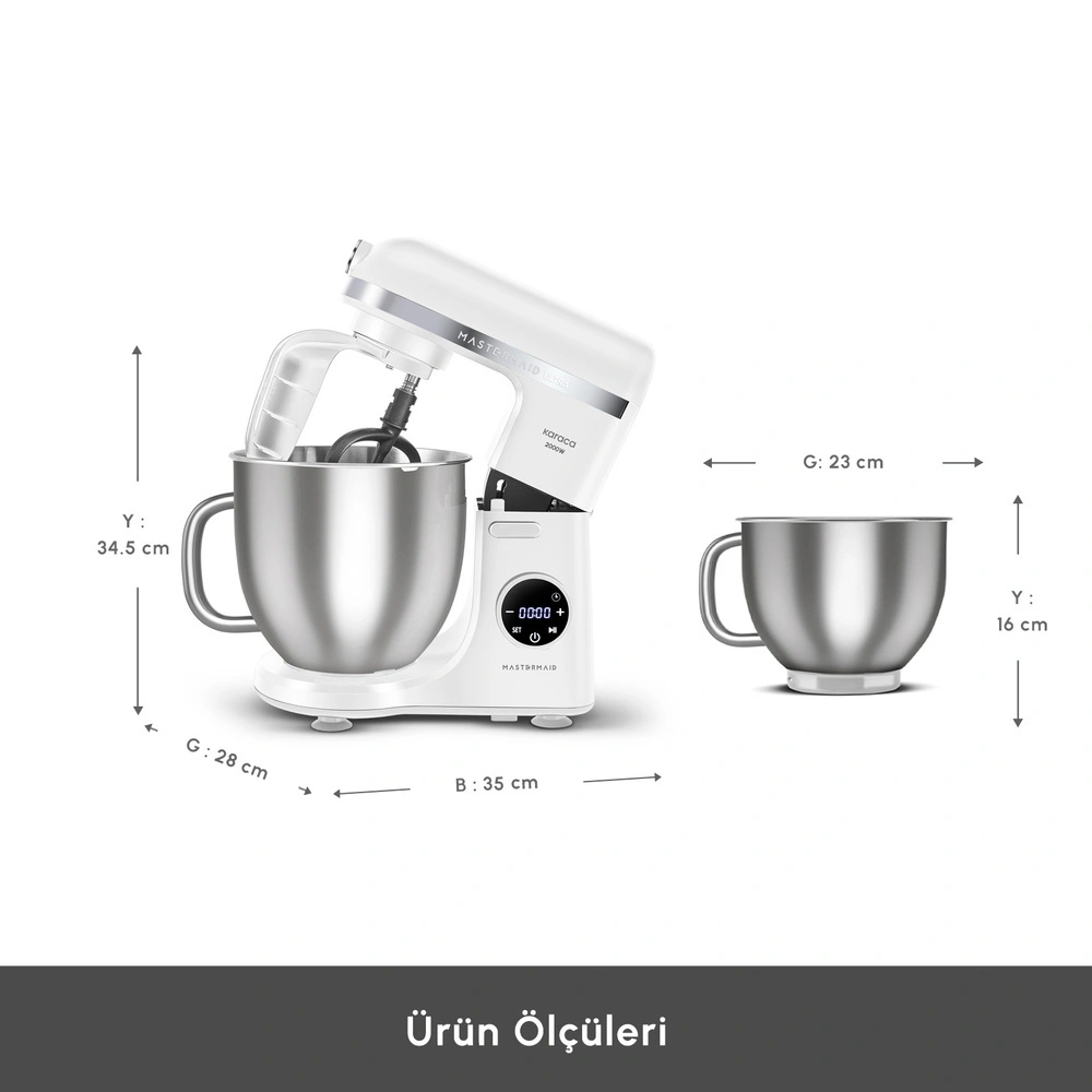 Karaca Mastermaid Chef Ultra D2000W Dijital Ekranlı Hamur Yoğurma Makinesi Matte White 7L görseli 2