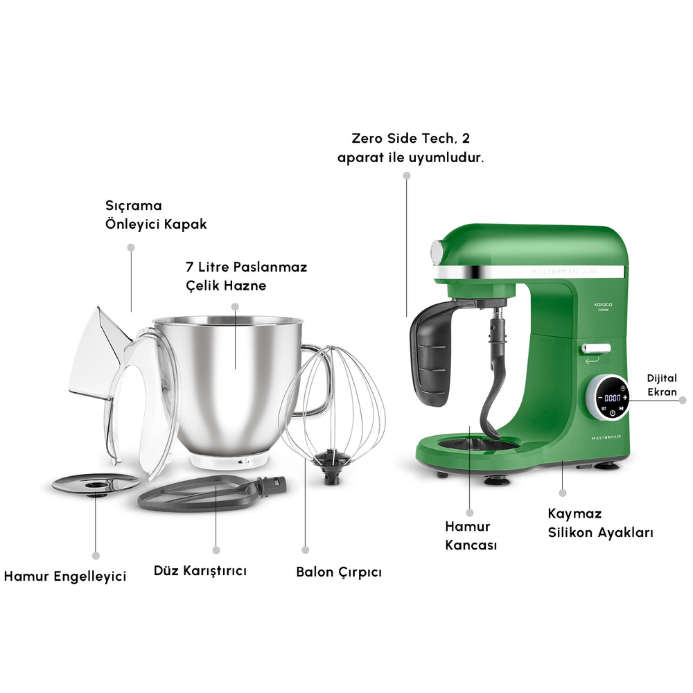Karaca Mastermaid Chef Ultra D2000W Dijital Ekranlı Hamur Yoğurma Makinesi Emerald Green 7L görseli 3