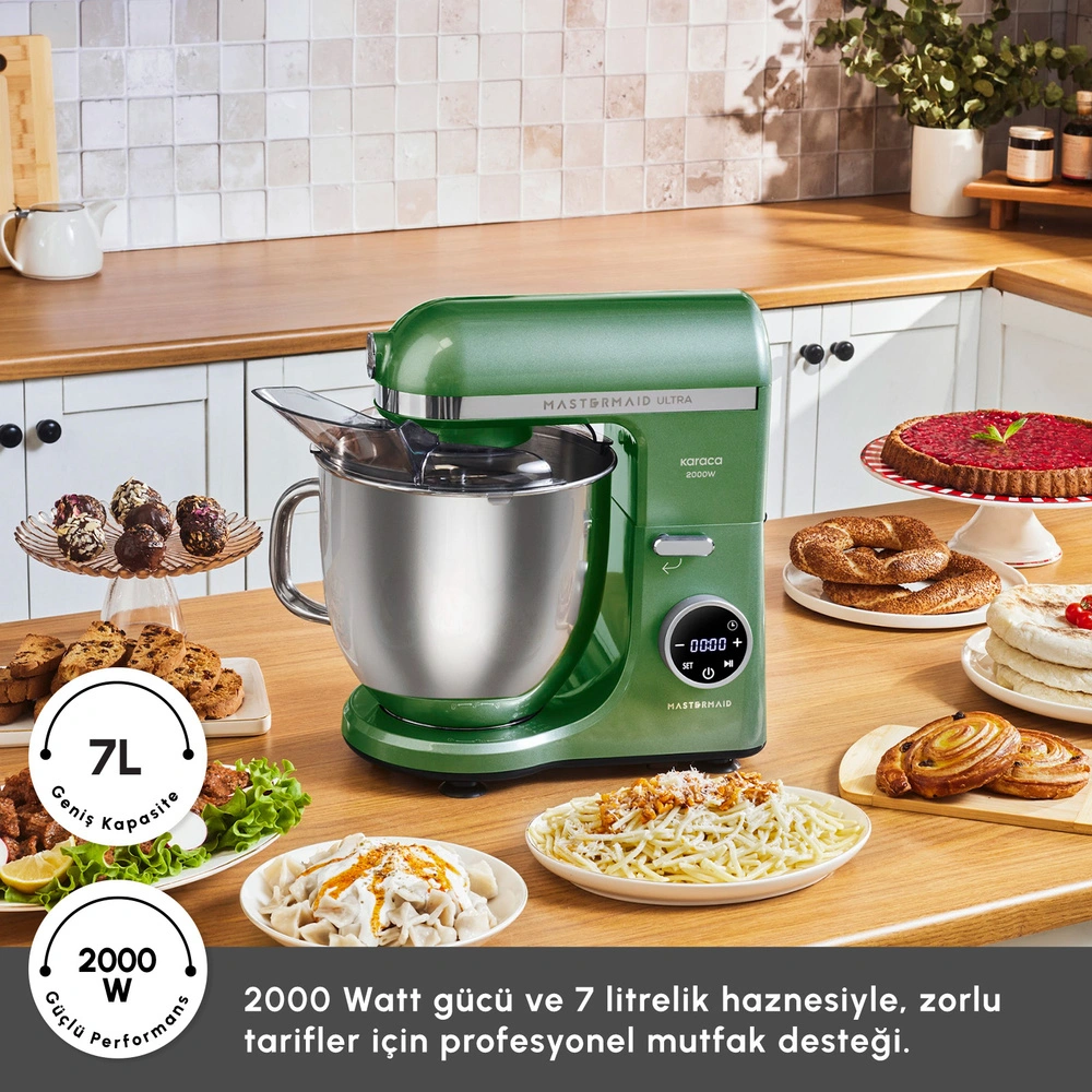 Karaca Mastermaid Chef Ultra D2000W Dijital Ekranlı Hamur Yoğurma Makinesi Emerald Green 7L görseli 6