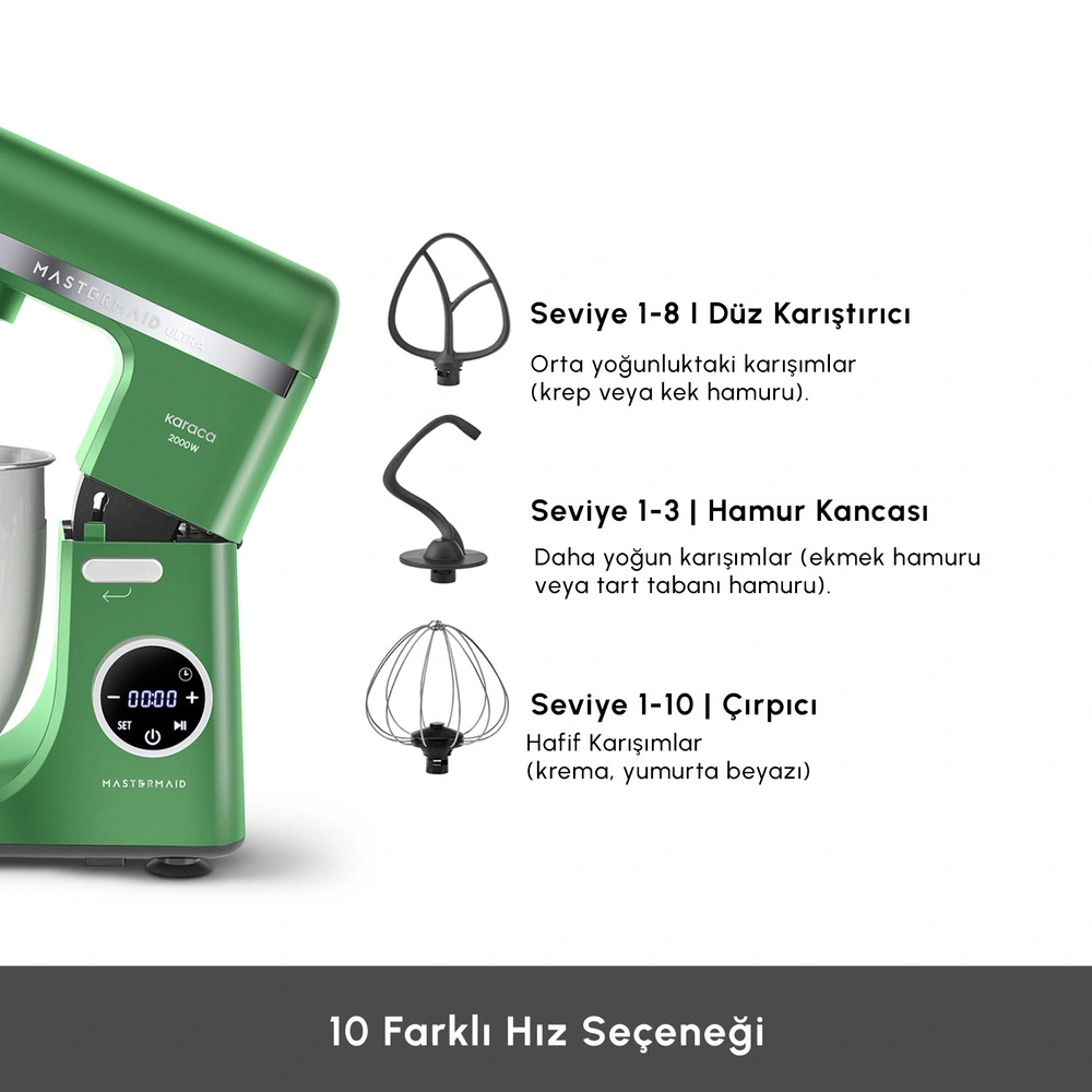 Karaca Mastermaid Chef Ultra D2000W Dijital Ekranlı Hamur Yoğurma Makinesi Emerald Green 7L görseli 5