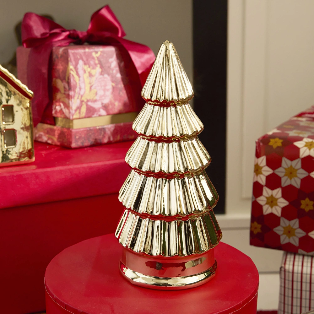 Karaca Home New Year Yılbaşı Christmas Tree Dekoratif Obje Gold 7,8 x 7,8 x 16,5 cm görseli 1