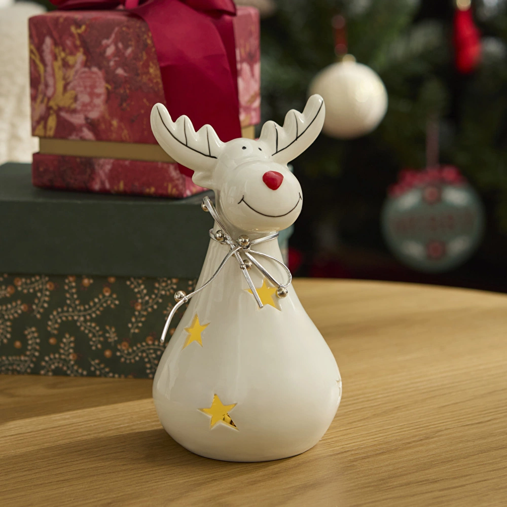 Karaca Home New Year Yılbaşı Yıldız Yansımalı Ledli Geyik Dekoratif Obe 9,5 x 9,5 x 17 cm görseli 1