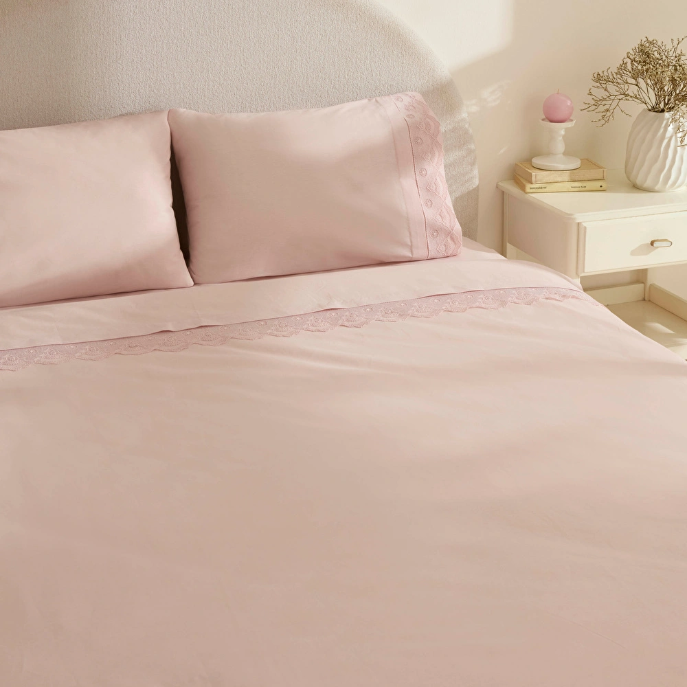 Karaca Home Teora %100 Pamuk Dantelli Çift Kişilik Nevresım Takımı Pudra görseli 6