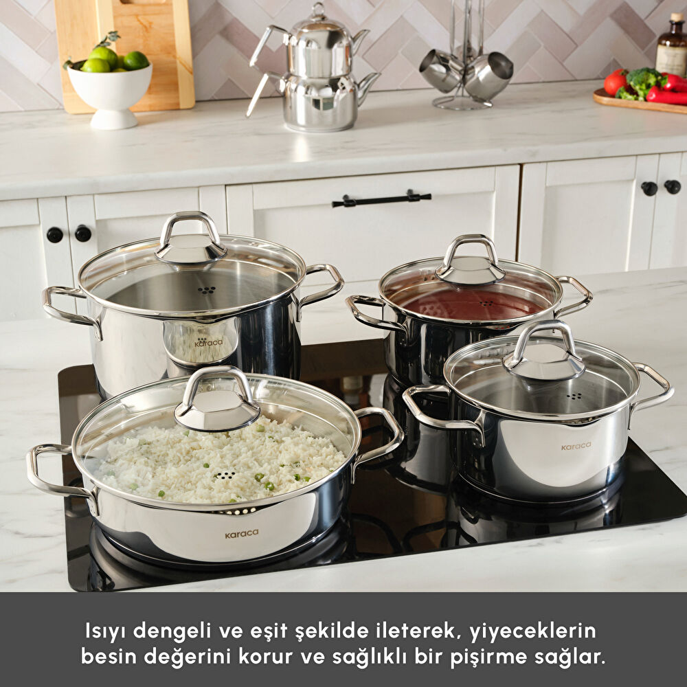Karaca Vapor İndüksiyon Tabanlı 15 Parça Çelik Süzgeç Kapaklı Tencere Çaydanlık ve Cezve Seti thumbnail 3