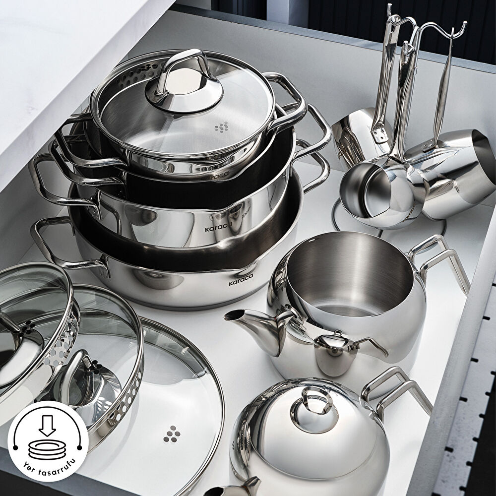 Karaca Vapor İndüksiyon Tabanlı 15 Parça Çelik Süzgeç Kapaklı Tencere Çaydanlık ve Cezve Seti thumbnail 5