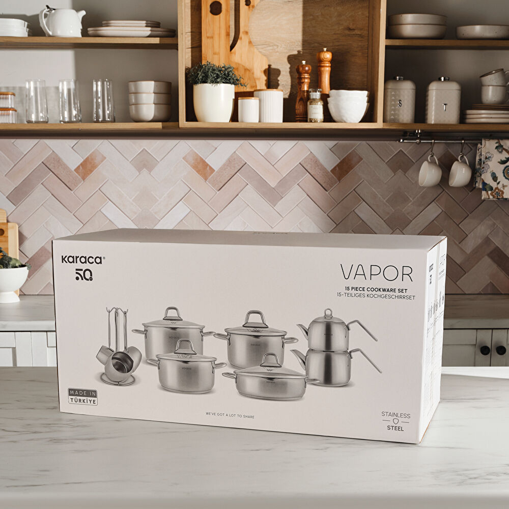 Karaca Vapor İndüksiyon Tabanlı 15 Parça Çelik Süzgeç Kapaklı Tencere Çaydanlık ve Cezve Seti thumbnail 7