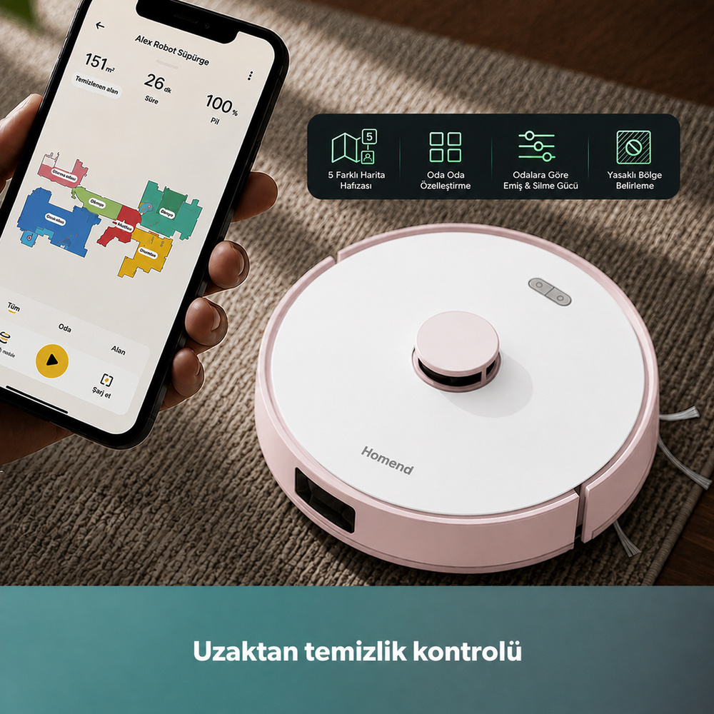 Homend Alex 30 Otomatik Boşaltım Sistemli Moplu 20.000 Pa Robot Süpürge Pembe-Beyaz görseli 5
