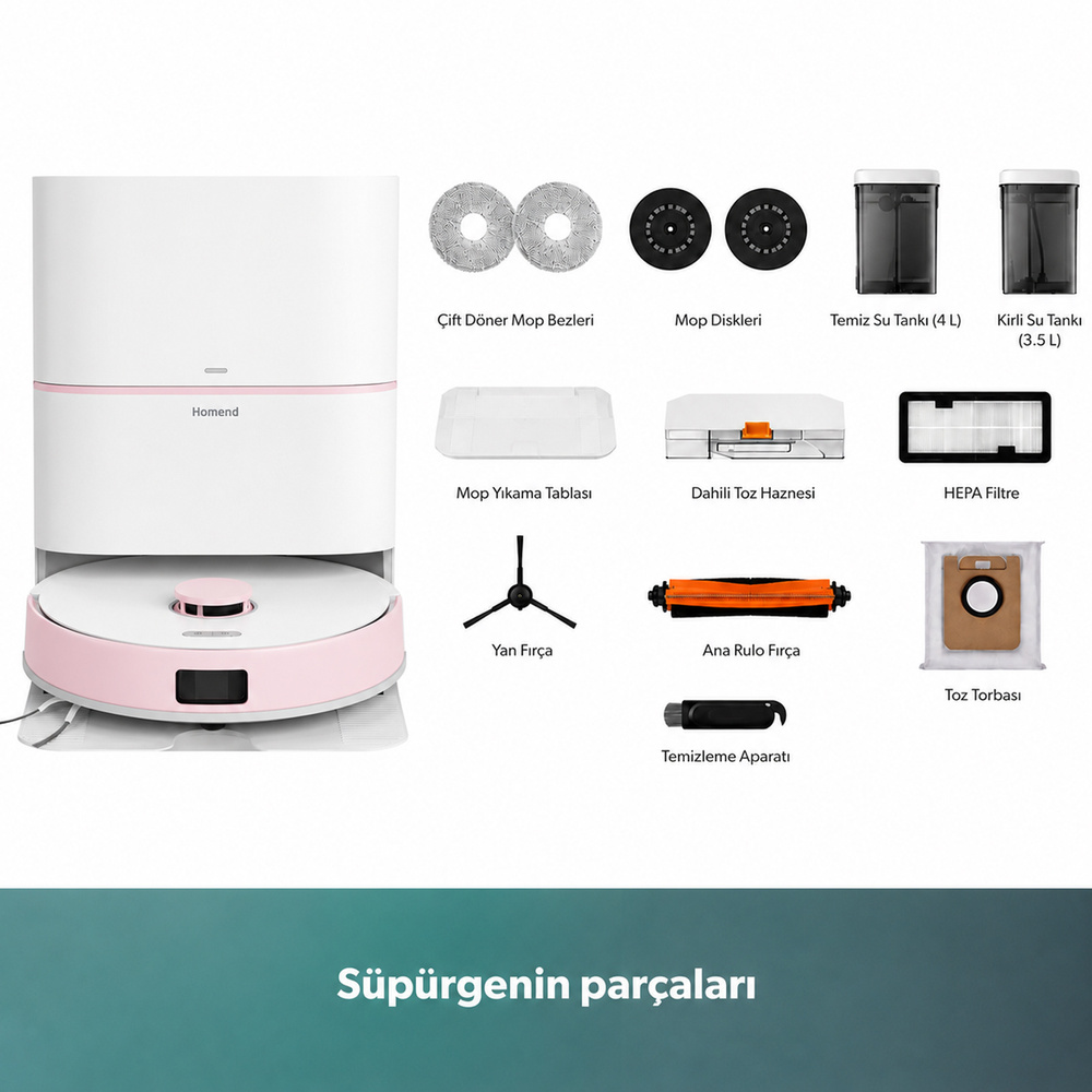 Homend Alex 30 Otomatik Boşaltım Sistemli Moplu 20.000 Pa Robot Süpürge Pembe-Beyaz görseli 6