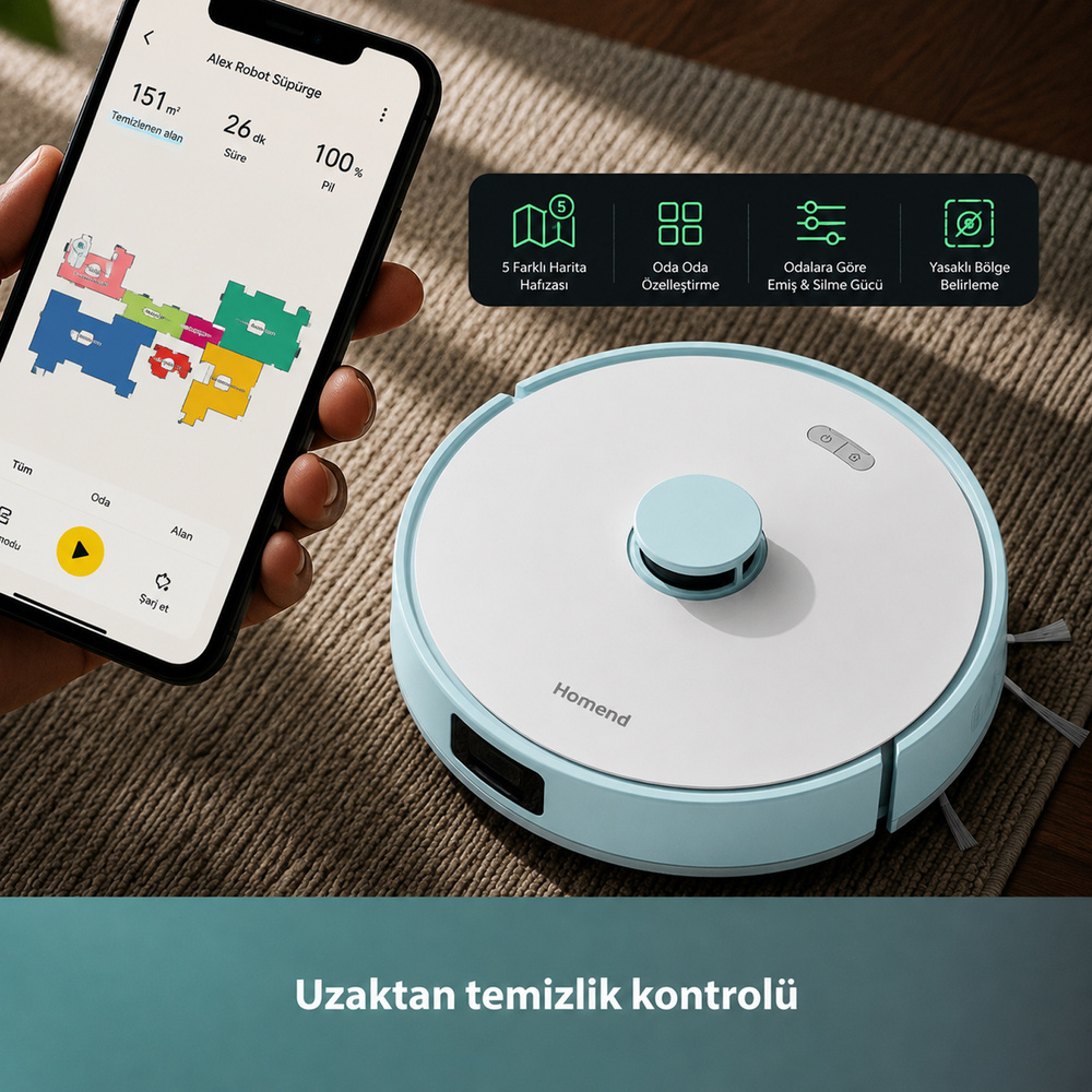 Homend Alex 30 Otomatik Boşaltım Sistemli Moplu 20.000 Pa Robot Süpürge Mavi-Beyaz görseli 5