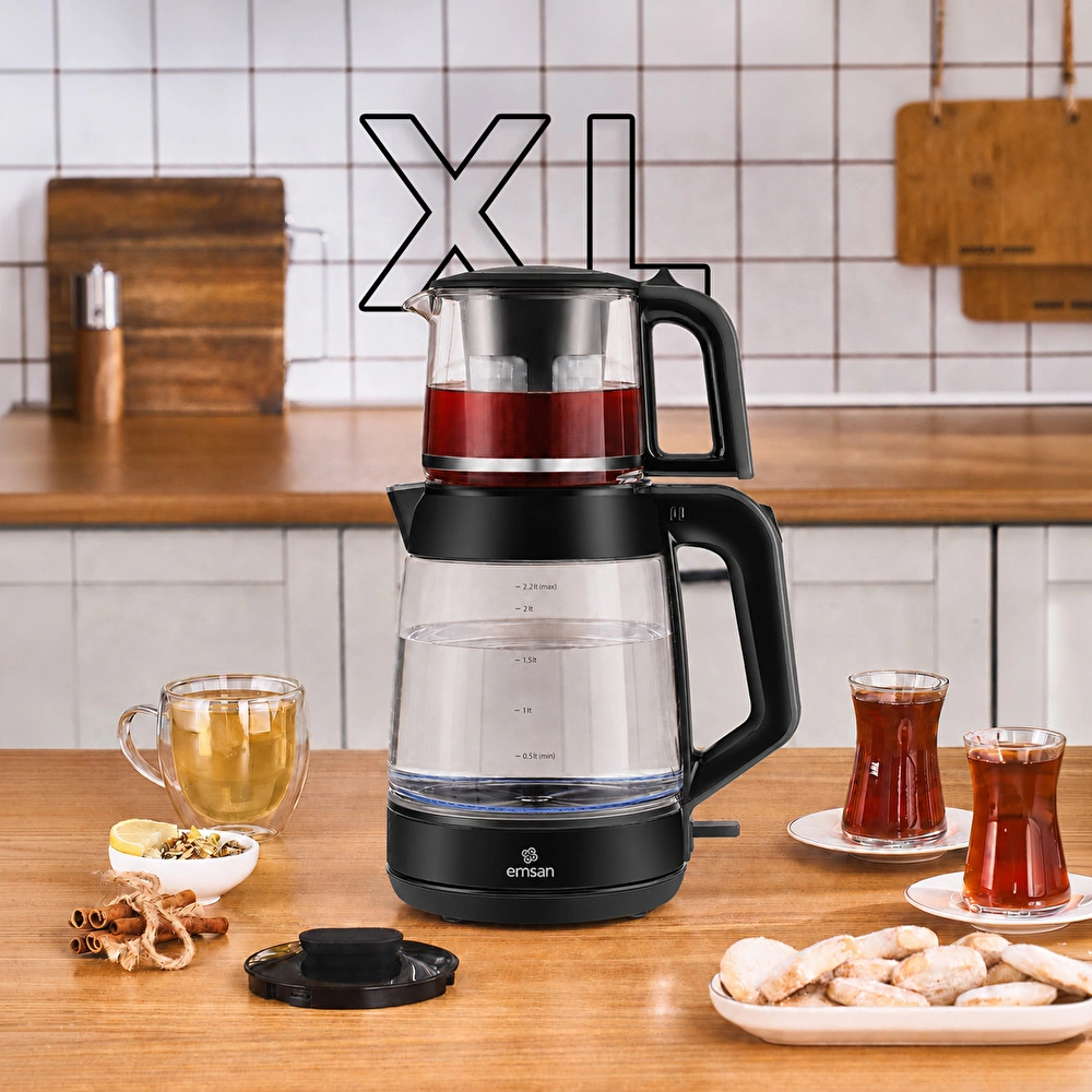 Emsan Glass Tea XL 2 in 1 Cam Çay Makinesi ve Kettle Space Gray görseli 1