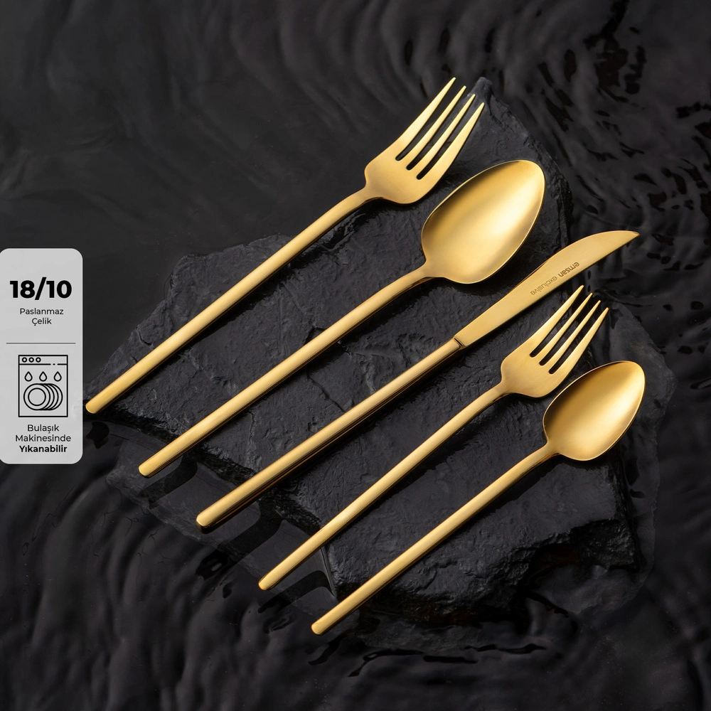 Emsan Lora Parlak Gold 60 Parça 12 Kişilik Çatal Kaşık Bıçak Takımı görseli 1