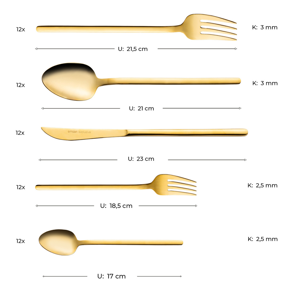 Emsan Lora Parlak Gold 60 Parça 12 Kişilik Çatal Kaşık Bıçak Takımı görseli 5