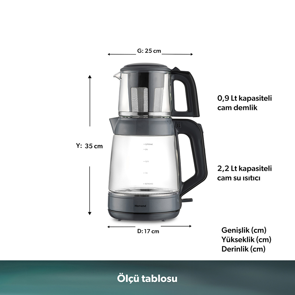 Homend Infinity XL 1764H Cam Çay Makinesi Antrasit Siyah görseli 2