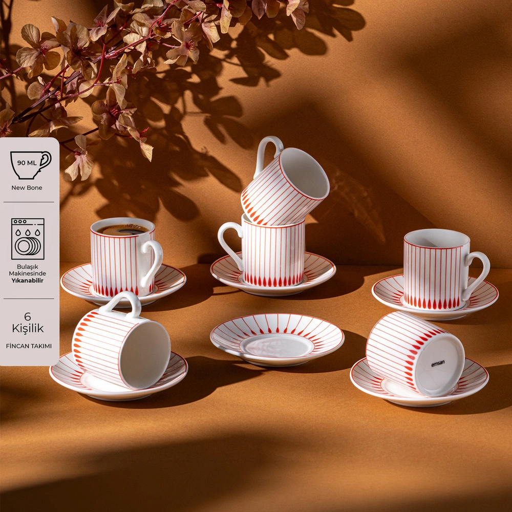 Emsan Belmond New Bone 6 Kişilik Kahve Fincan Takımı 90 ml Turuncu görseli 1