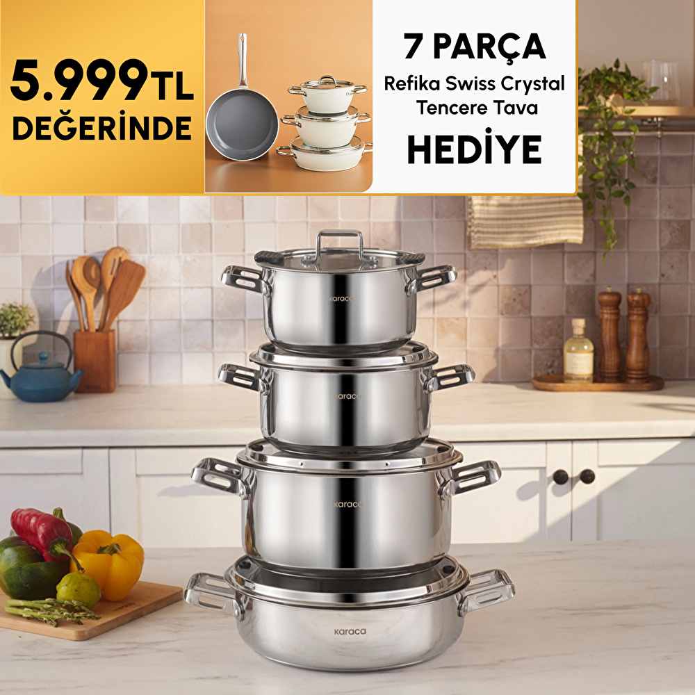 Karaca Powersteel 316+ Alberta İndüksiyon Tabanlı 8 Parça Çelik Tencere Seti görseli 1