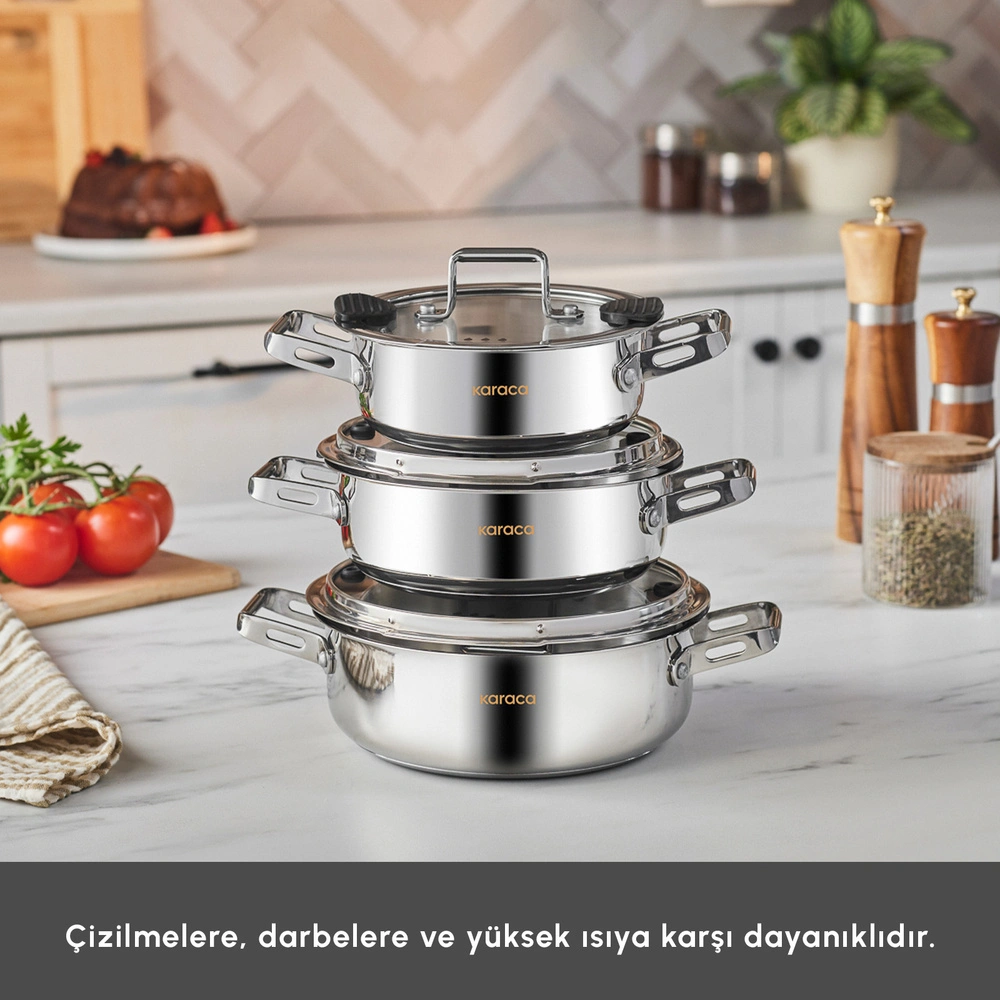 Karaca Powersteel 316+ Alberta İndüksiyon Tabanlı 6 Parça Çelik Sahan Seti görseli 3