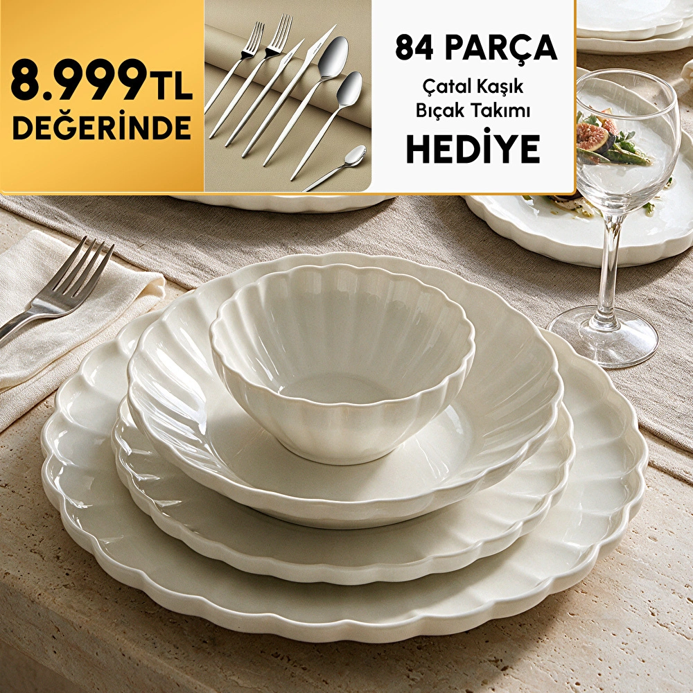 Karaca Stream Bone Oyster Gold Logo 53 Parça 12 Kişilik Yemek Takımı görseli 1