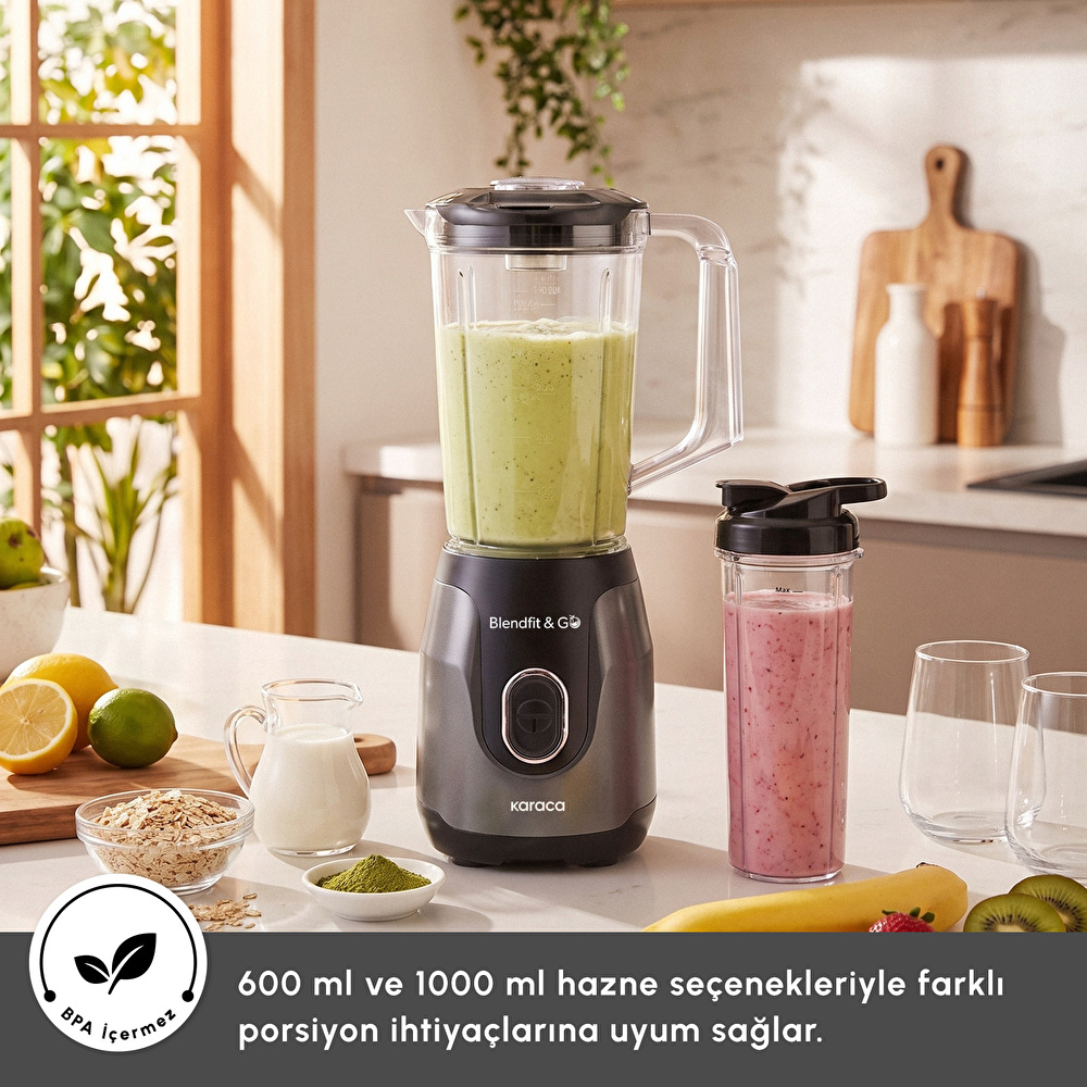 Karaca Blendfit Go Smoothie Blender Set 1000 ml+600 ml Antrasit görseli 2