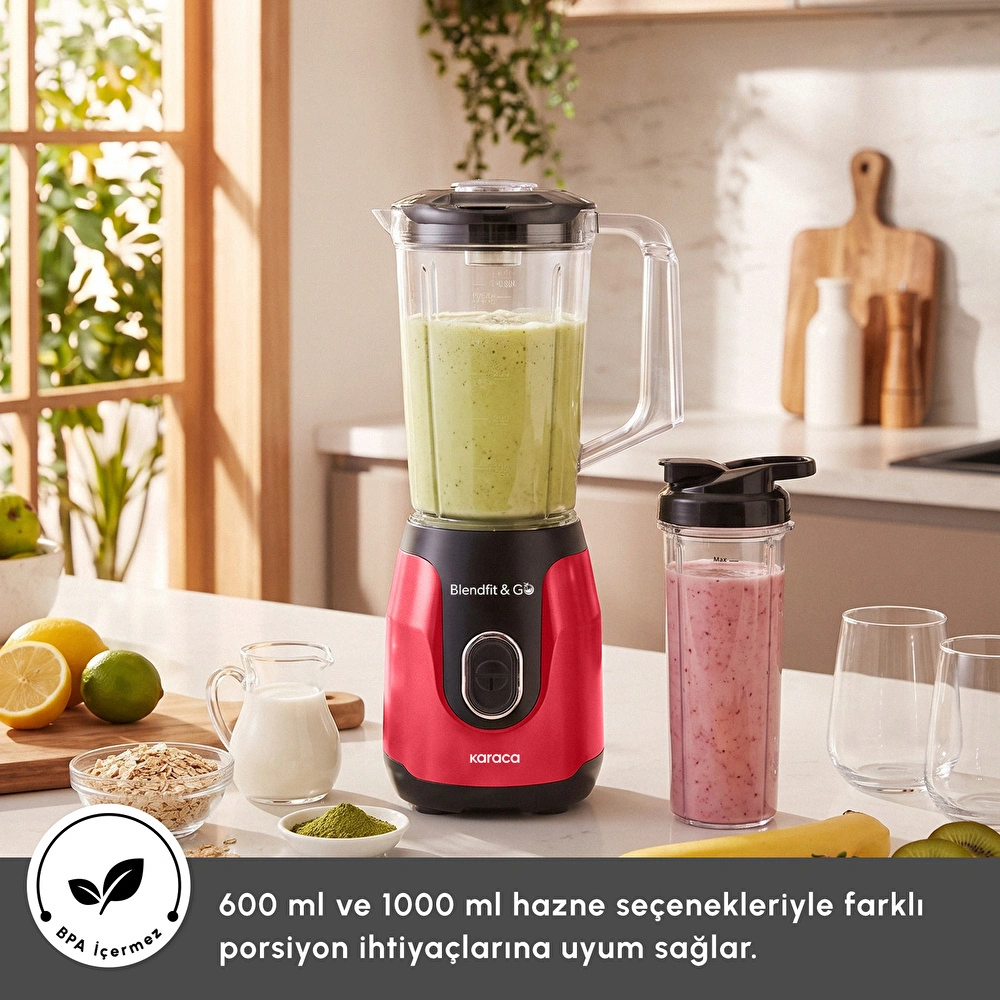Karaca Blendfit Go Smoothie Blender Set 1000 ml+600 ml Red görseli 2