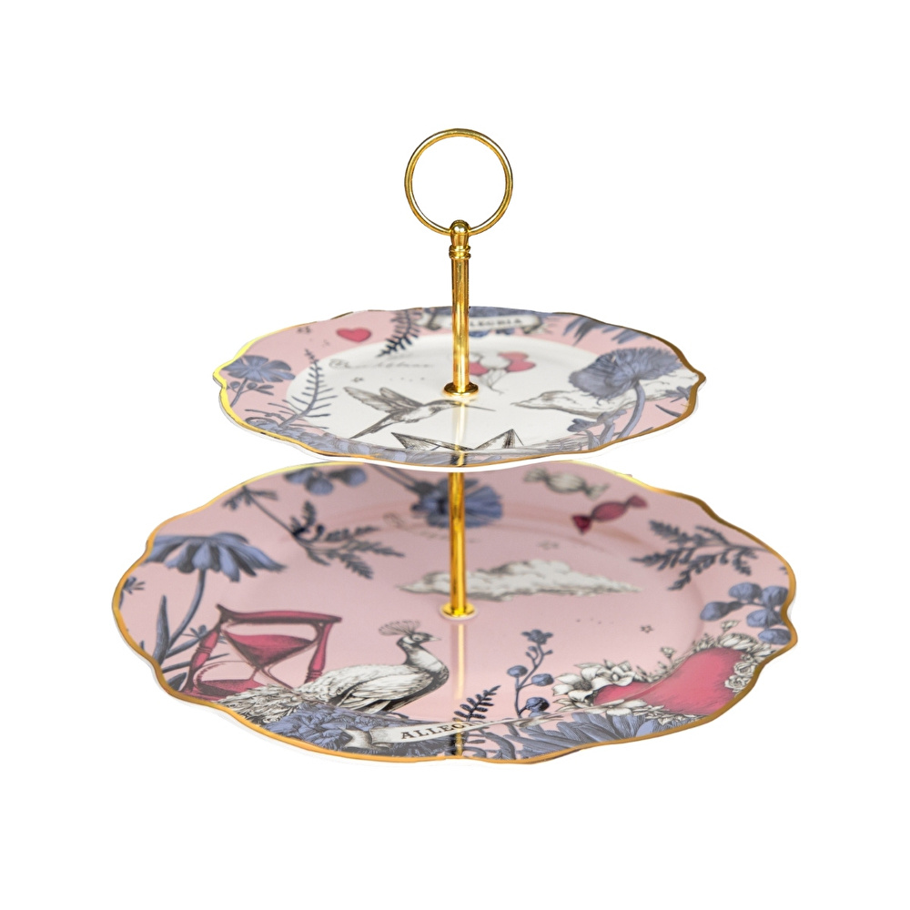 Baci Milano Allegria Pembe Desenli Porselen 2'li Katlı Kek Standı  Ø 31 cm, H 22 cm görseli 2