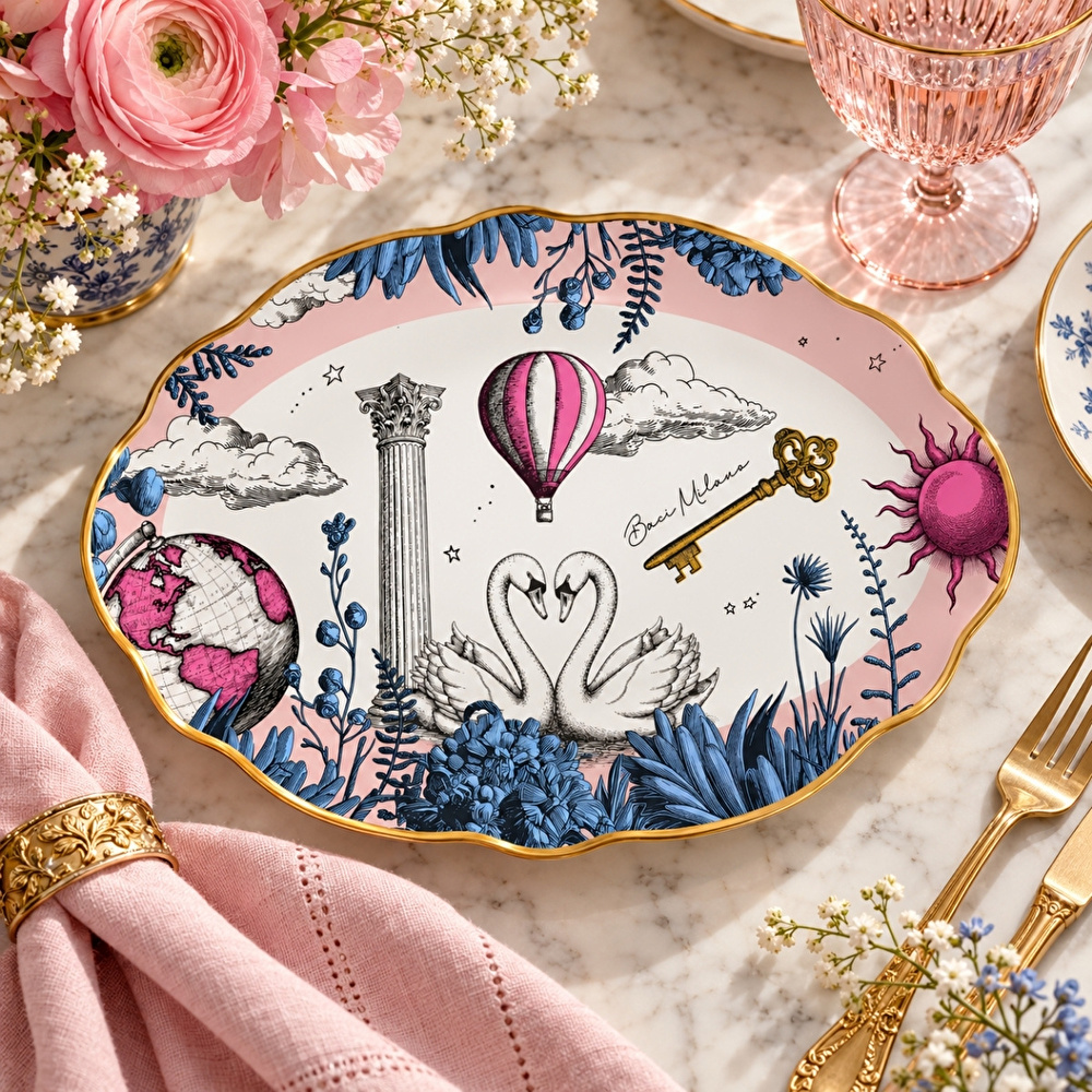 Baci Milano Allegria Pembe Porselen Oval Servis Tabağı 30,5x21 cm görseli 1