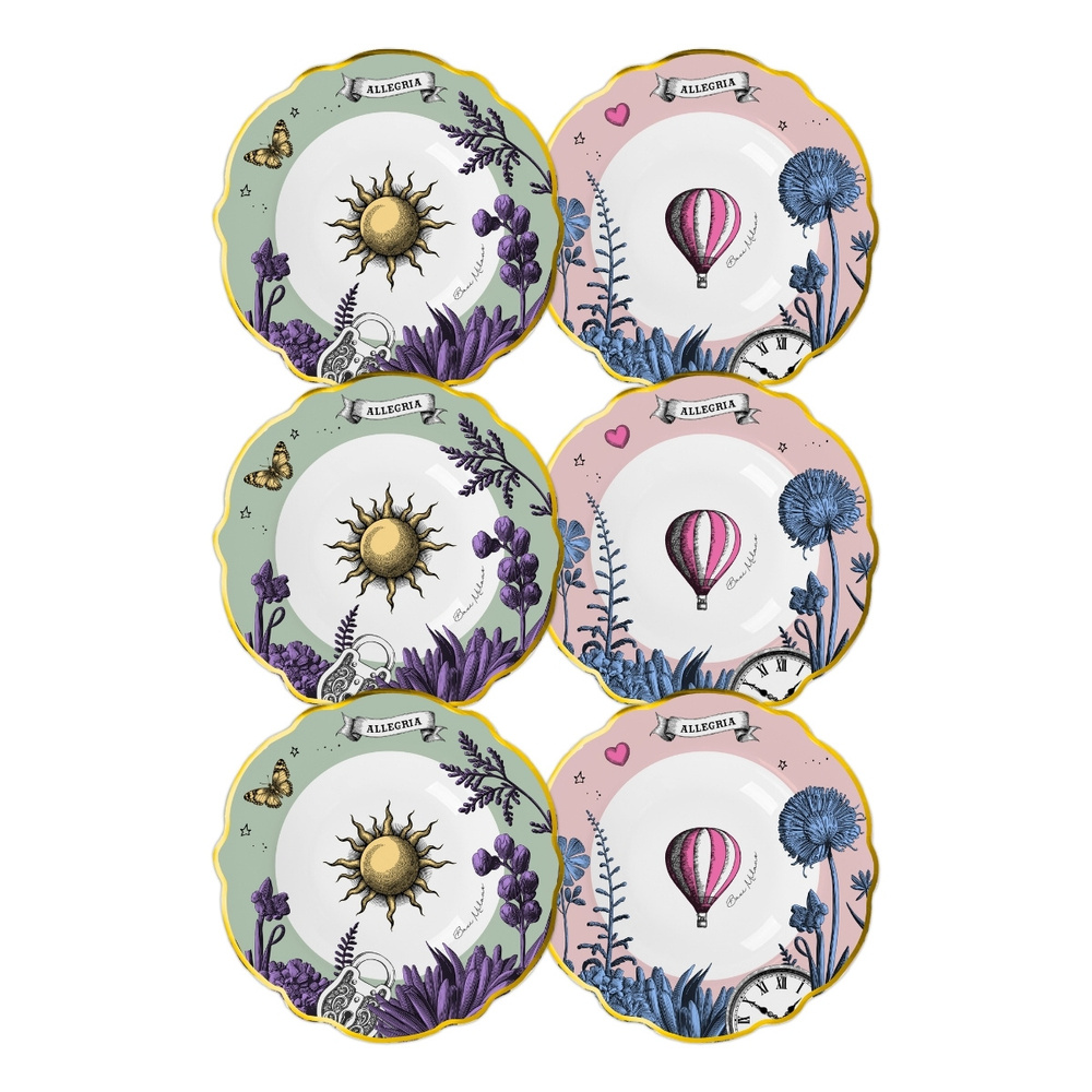 Baci Milano Allegria  Pembe ve Yeşil Karışık Desenli 6 Parça Mix Porselen Çukur Tabağı 22 cm görseli 3